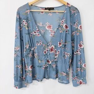 Always Indigo Sheer‎ Mesh Top Size XL Blue Floral Deep V Neck Feminine Cottage
